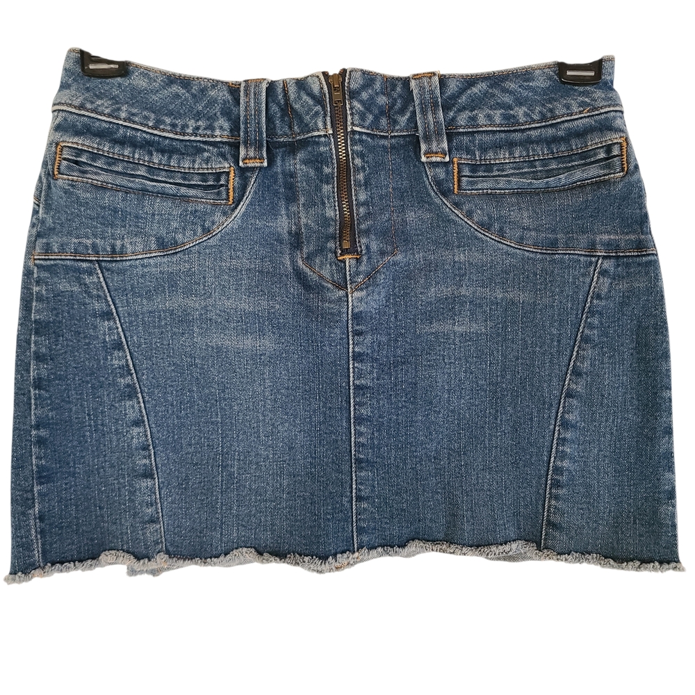American Eagle Denim Mini Skirt Front Zip Raw Hem Blue Size 4